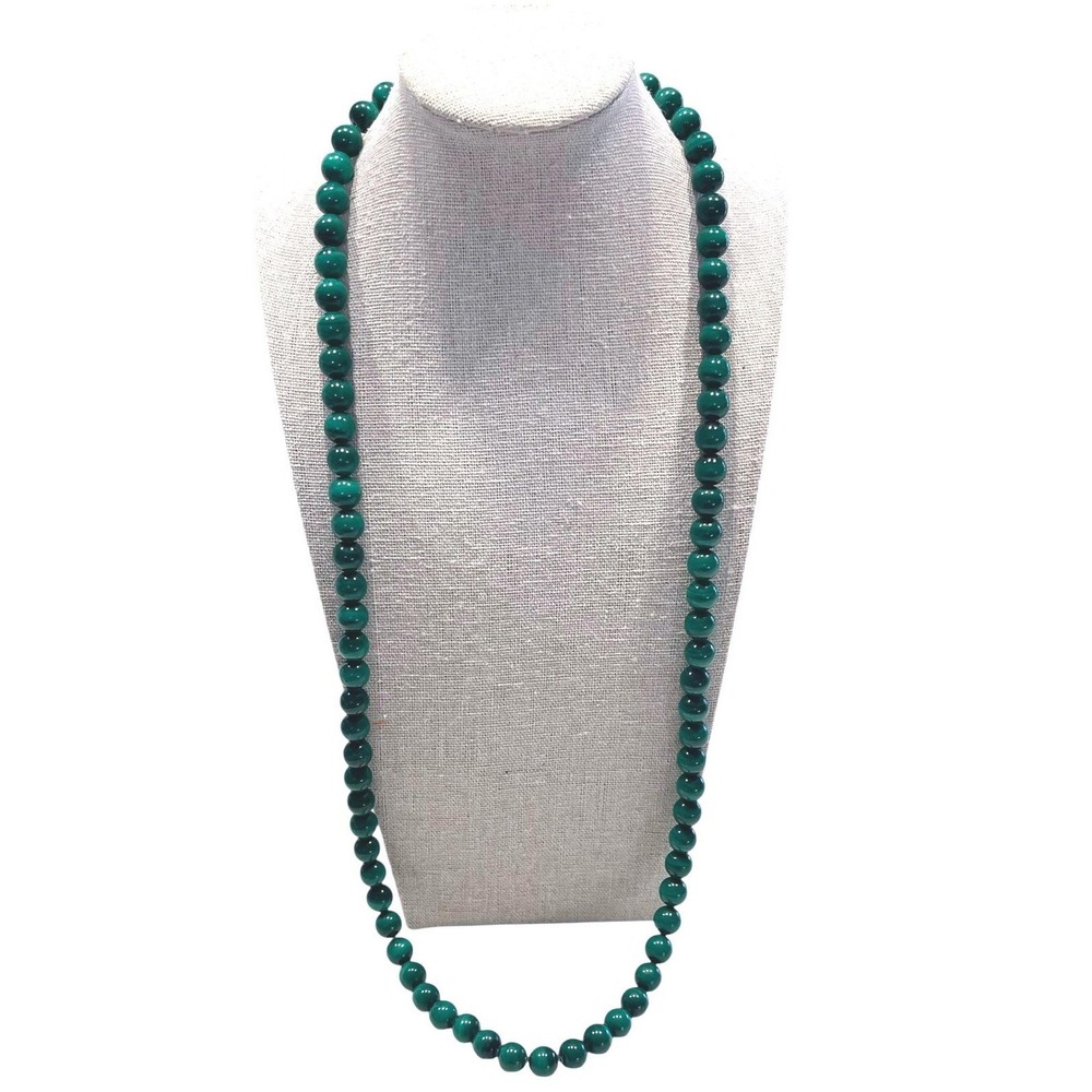 VTG Genuine Malachite Bead Necklace 10mm 24" Strand Sterling Silver Clasp